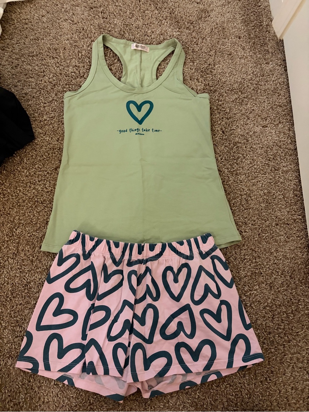 Women’s Two-Piece Sleep Set - Green Tank & Pink Heart Shorts